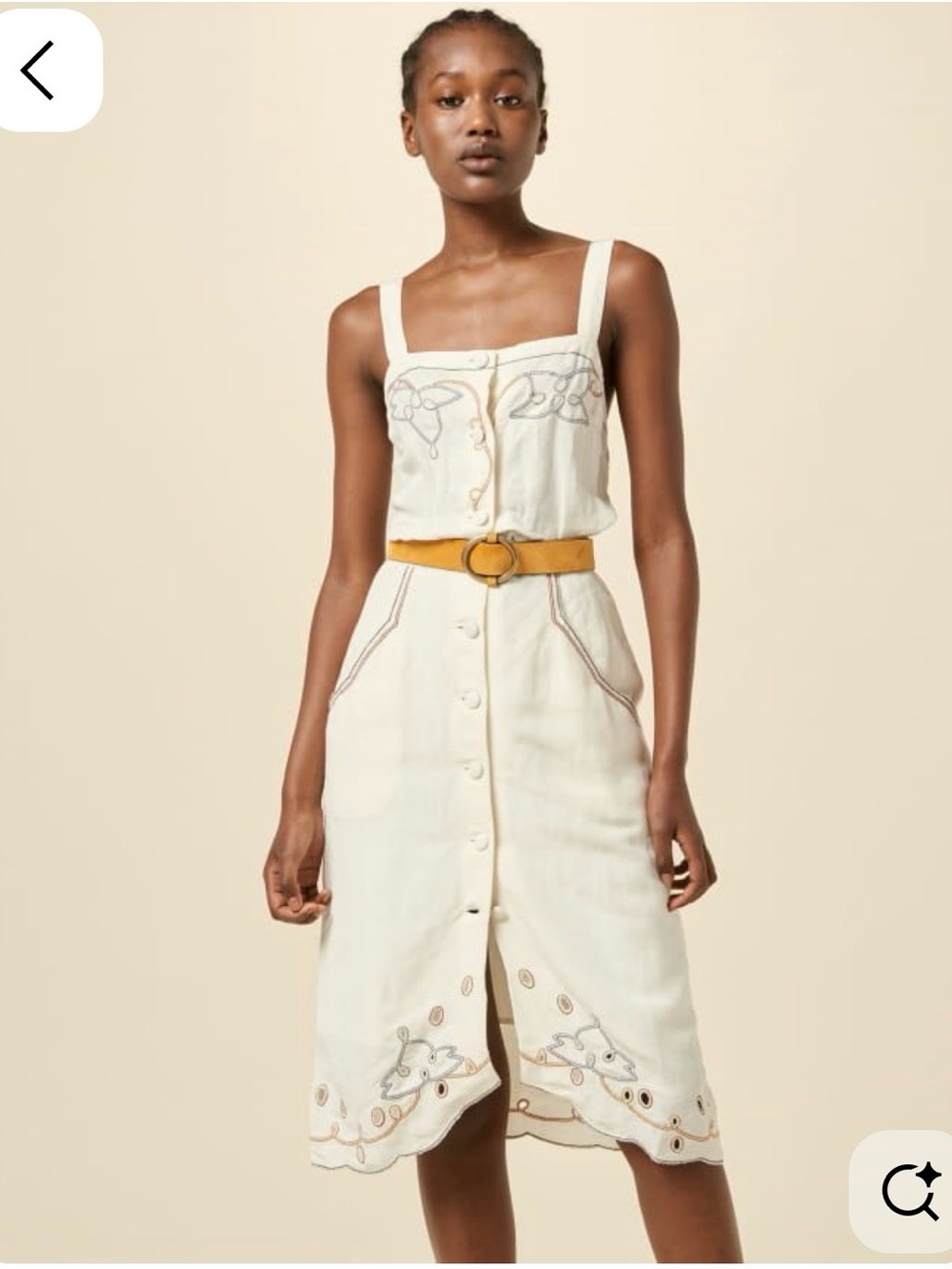 Sessun - Linen Cream Embroidered Button-Front Midi Dress (without belt) - XS